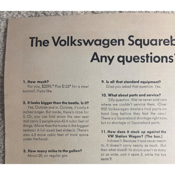 Vintage 1960s Volkswagen Squareback Sedan Advertisement Print 10.5 x 14" - Picture 2 of 8